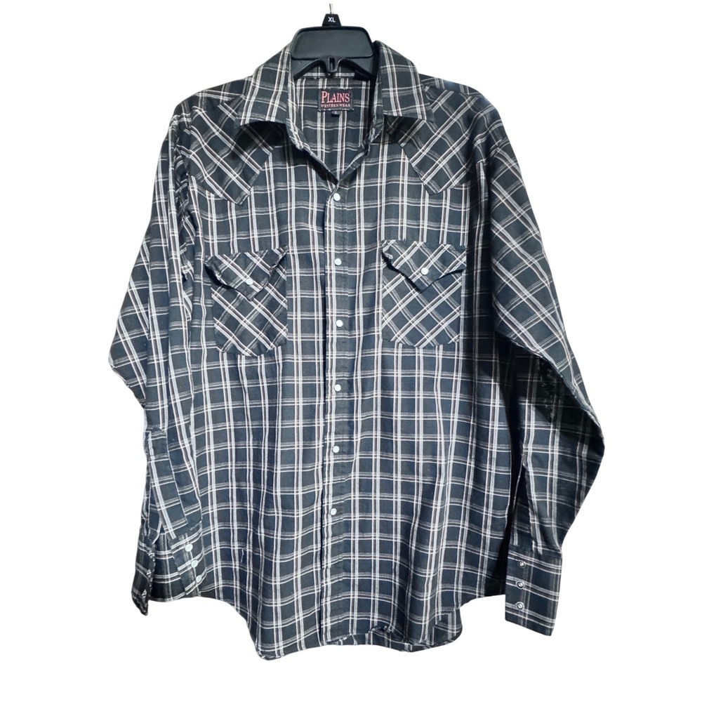 Plains Western Wear Shirt Woven Plaid Black L Vintage Western Pearl Snap